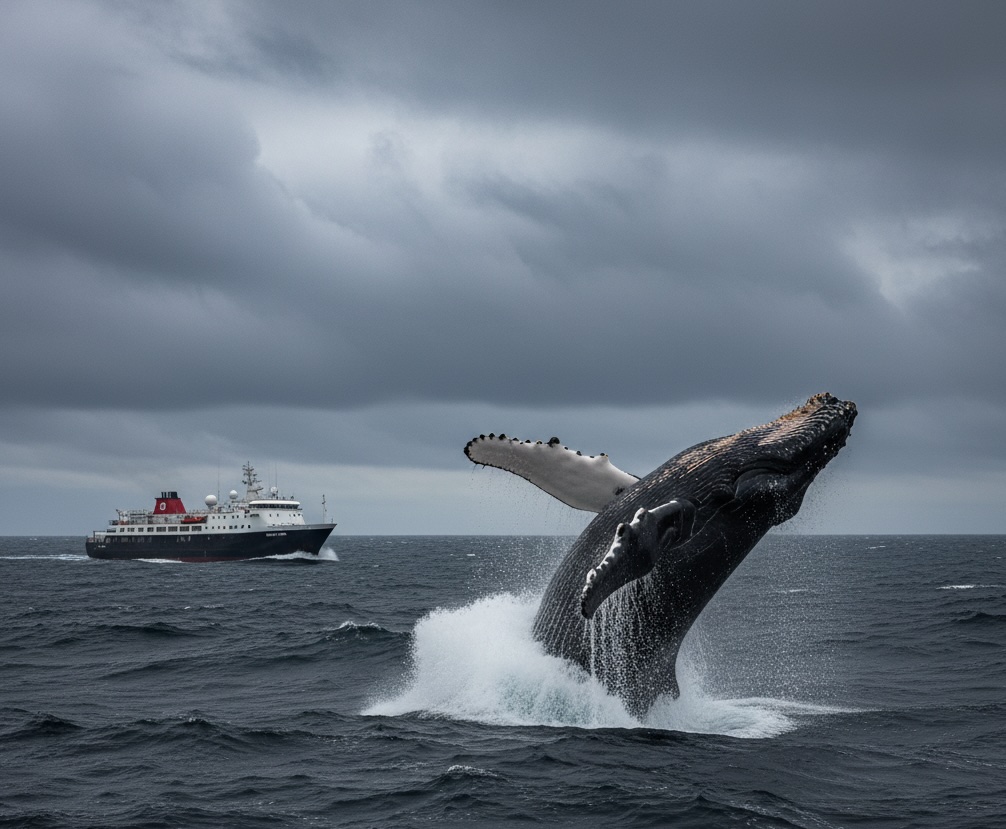 Humpback whale breaching near an expedition ship in the Drake Passage