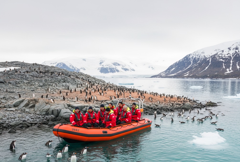 Zodiac landing craft approaching an Antarctic shore with penguins